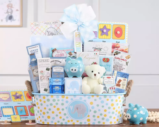 Little Prince Welcome Gift Basket | Sweet Treats & Newborn Comfort Set for Baby Boy